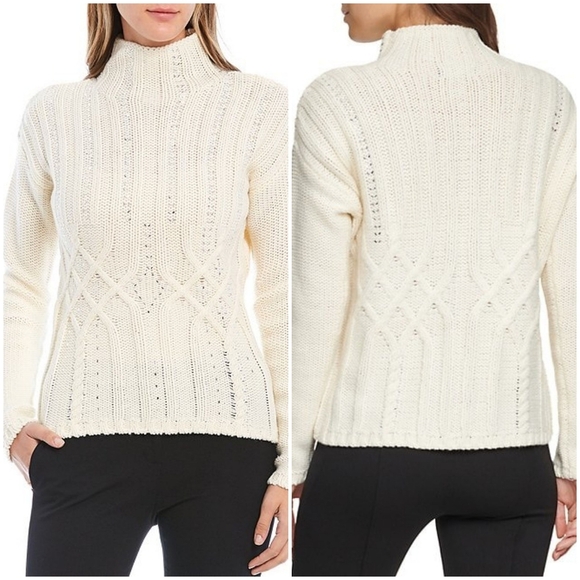 Donna Karan Embellished Cable Knit Mock Turtle Neck Wool Blend Thick Sweater - Picture 4 of 14